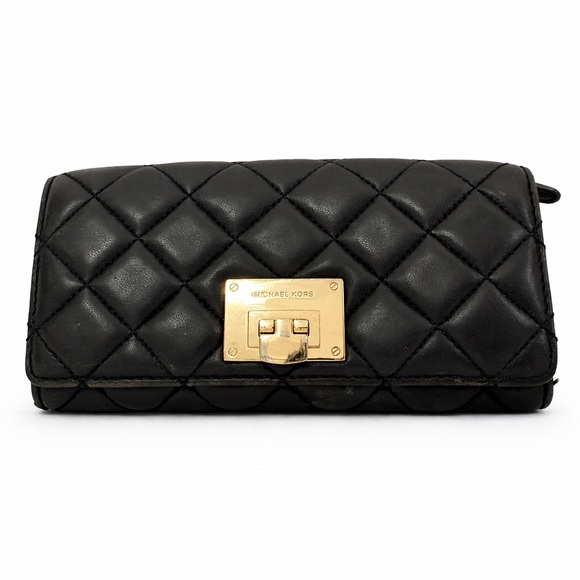 Michael Kors Handbags - Michael Kors Quilted Leather Wallet Black Gold Turn Lock Luxe Designer
